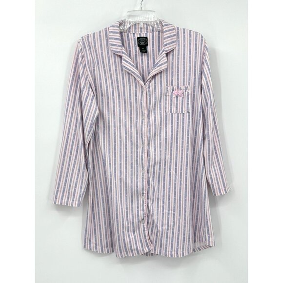 LAURA ASHLEY sleepshirt nightgown nightshirt cotton flannel striped hearts M - Picture 1 of 5